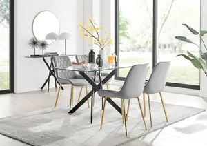 Furniturebox UK Leonardo Black Leg Glass Dining Table & 4 Grey Pesaro Gold Leg Chairs