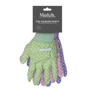 Mulch. Triple Pack Cotton Gardening Gloves Pastel Pink Green Purple Dotty Grip Palm - Medium Size 8