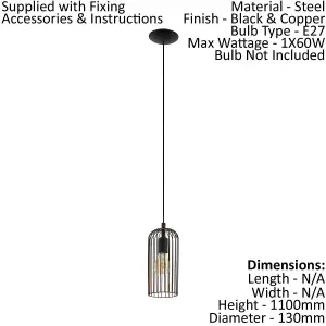 Hanging Ceiling Pendant Light Black & Copper Cage Shade 1 x 60W E27 Bulb