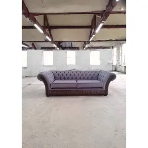 Chesterfield 3 Seater Antique Brown Real Leather Bacio Pewter Fabric Sofa In Jepson Style