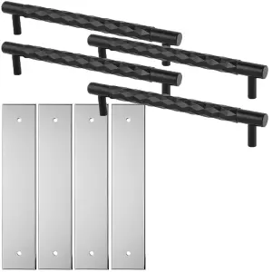 4 PACK - Pull Handle & Contrasting Backplate Set - Designer Diamond T Bar - Matt Black & Chrome