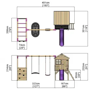 Rebo Orchard 4ft Wooden Children's Playhouse, Swings, Monkey Bars, Deck & 6ft Slide - Double Swing - Sage Purple