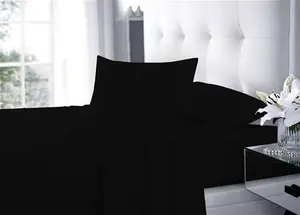 New Flat Sheets Easy Care Soft Cotton Rich Wrinkle Shrinkage And Fade Resistant Fabric Polycotton Flat Bed Sheets (Black, Double)