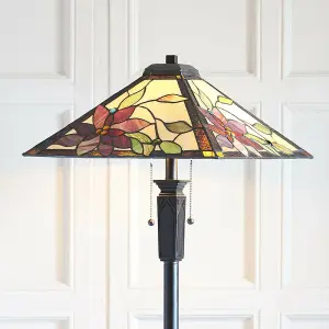 1.6m Tiffany Twin Floor Lamp Matt Black & Flowers Stained Glass Shade i00019