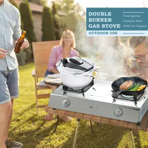 NJ NGB-200 Portable Gas Stove 2 Burner LPG Outdoor Cooktop Stainless Steel 7.2kW