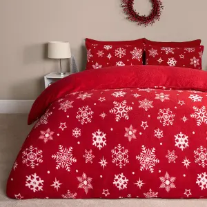 Snowflake Teddy Fleece Duvet Cover Bedding Winter Christmas, Red - Double