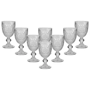 Set of 8 Vintage Luxury Clear Embossed Drinking Goblet Wine Glasses  310ml