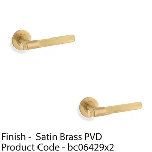 2 PACK - SOLID BRASS Knurled Door Handle Set - Satin Brass Bar Lever on Round Rose