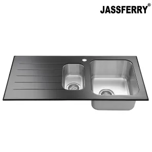 JASSFERRY Glossy Black Glass Top Kitchen Sink Stainless Steel 1.5 Bowl Left Hand Drainer