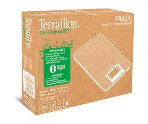 Terraillon Natural Bamboo Digital Kitchen Scale - Tare, Liquid Conversion, Capacity 3 kg max - Eco Kitchen Scales