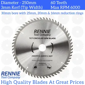 250mm x 60T TCT Circular Wood Saw Blade. Fits Bosch Makita Dewalt Circular Saws Etc