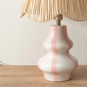 ValueLights Perrie Blush Pink Ceramic Pin Stripe Bedside Table Lamp with Raffia Shade - LED Bulb Included