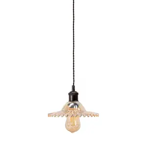 ValueLights Lucrezia Black Hanging Ceiling Pendant Light Fitting with Amber Frilled Glass Lampshade