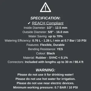 Soaker Hose, Porous Pipe, 100 m / 328 ft Long, REACH Compliant, Water Saving up to 70% + 100 Ground Pegs