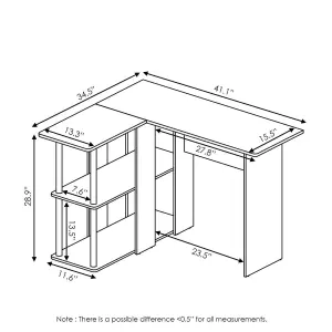 Furinno Abbott L-Shape Desk with Bookshelf, French Oak Grey/Black