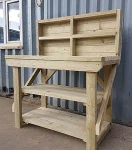 Indoor/outdoor workbench pressure treated station (H-90cm, D-64cm, L-120cm) with back panel and double shelf