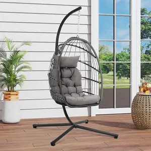 Grey Hanging Chair with Black Stand and Dark Grey Cushion