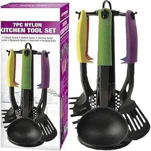 7Pc Kitchen Utensils With Stand Nylon Cooking Non Stick Set Spoon Turner Gadget