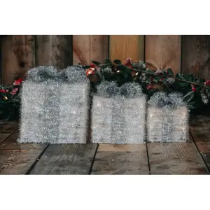 Pre-Lit Sisal Gift Box with LED Lights and Ribbon Silver/Grey