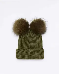 River Island Womens Khaki Double Pom Pom Beanie