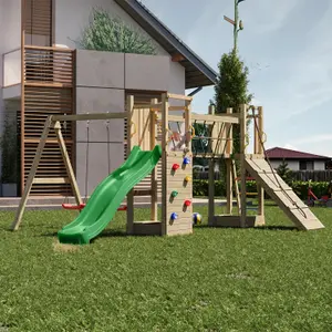 Shire Fun Wooden Climbing Frame with Twin Towers with Bridge, Double Swing and Slide