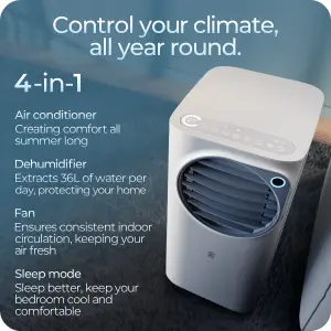 Avalla S-770 36L Dehumidifier, Large 12000BTU Portable 5-in-1 Air Conditioning Unit: Multi-Room 122m3 Coverage - 3250W