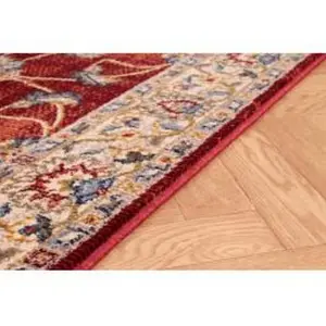 Red Traditional Bordered Floral Rug Easy to clean Dining Room-80cm X 150cm