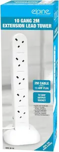 10 Way Gang 2M Extension Lead Tower Uk Cable 13 Amp Socket Power Plug Office