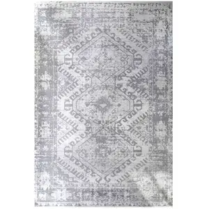 Silver Grey Bordered Geometric Distressed Area Rug 160x230cm