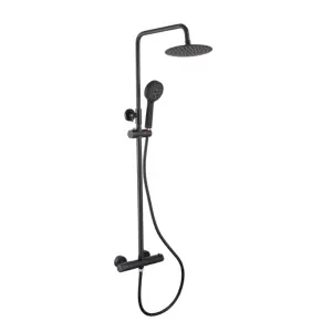 Matt Black Round Thermostatic Overhead Shower Kit with Peg Basin Tap, Bath Filler, and Pop Up Bath Waste