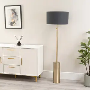 ValueLights Lexy Antique Brass Rotary Dimmer Switch Floor Lamp with Charcoal Grey Drum Shade