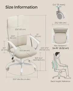 SONGMICS Desk Chair, Ergonomic Swivel Office Chair, Adjustable Height, Upholstered Seat, Tilt Function, Cappuccino Beige