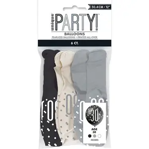 Unique Party Age 30 Glitz Latex Balloons (Pack Of 30) Black (One Size)