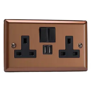 Varilight 2-Gang 13A Single Pole Switched Socket + 2x5V DC 2100mA USB Charging Ports  Brushed Bronze