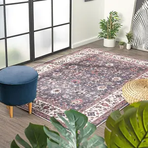 Beige Bordered Floral Rug For Bedroom, & Living Room, 7mm Thick Stain-Resistant Traditional Rug - 160cm X 230cm