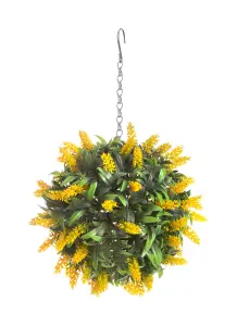 Pair of Best Artificial 24cm Yellow Lush Lavender Hanging Basket Flower Topiary Ball - Weather & Fade Resistant