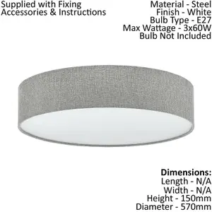 Flush Ceiling Light Colour White Shade Grey White Fabric Linen Bulb E27 3x60W