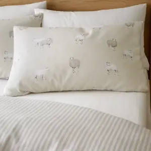 Catherine Lansfield Brushed Cotton Sheep Reversible Duvet Cover Set with Pillowcase Natural