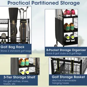 Costway Garage Golf Bag Storage Rack Double Golf Bag Organizer Holder w/ Lockable Wheels