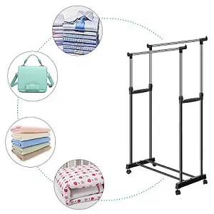 Adjustable Clothes Drying Rack-Double Rail Rod with Shoe Rack