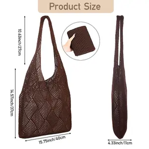 Brown Polyester Knitted Hollow Shoulder Bag with 25cm Strap Drop