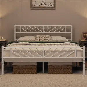 Yaheetech White 5ft King Metal Bed Frame with Arrow Design Headboard and Footboard