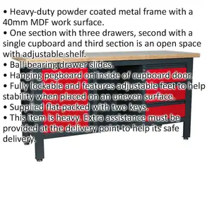 Lockable Workstation- 3 Draw & Cupboard with Pegboard & Adjustable Shelf Storage