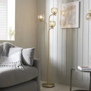 Floor Lamp Light - Satin Brass & Champagne Lustre Glass - 3 x 25W E14 golf