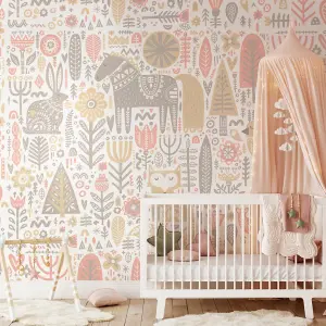 Origin Murals Scandi Forest Animals Blush Pink & Grey Paste the Wall Mural 300cm wide x 240cm high