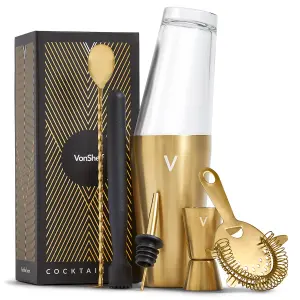 VonShef Cocktail Shaker Set Gold, 550ml Boston Shaker, 6pc Bartender Kit for Home Bar - Strainer, Muddler, Jigger & Gift Box