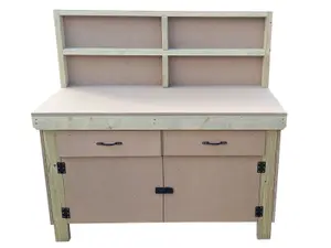 Wooden MDF top storage workbench with lockable cupboard and drawers (V.4)  (H-90cm, D-70cm, L-150cm) with back