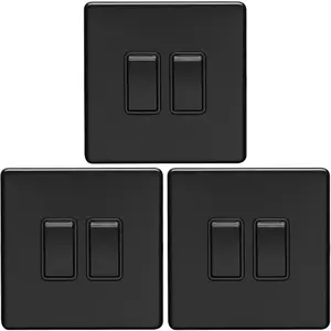 3 PACK 2 Gang Double Light Switch SCREWLESS MATT BLACK 2 Way 10A Slim Rocker