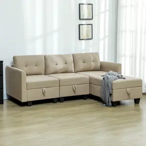 HOMCOM Convertible Modular Sectional Sofa w/ Storage Wood Frame Light Brown