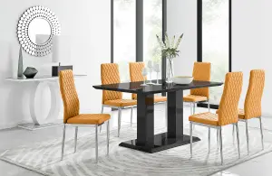 Imperia Black High Gloss 6 Seater Dining Table with Structural 2 Plinth Column Legs 6 Mustard Stitched Faux Leather Milan Chairs